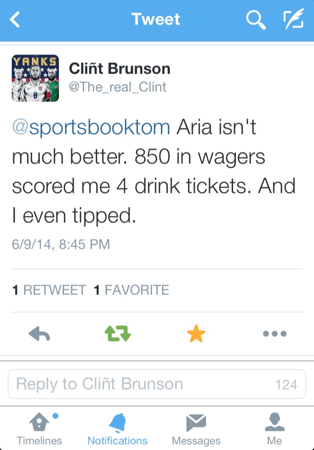 The Aria Sports Book was not too Kind to one Sports Bettor when it Came to Free Drink Tickets